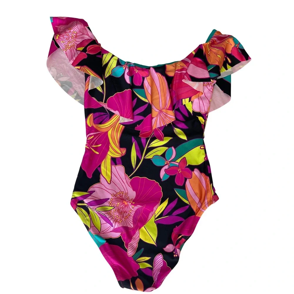 Trina Turk Solar One Piece‎ Off The Shoulder Ruffle Swimsuit Floral Print Size 8